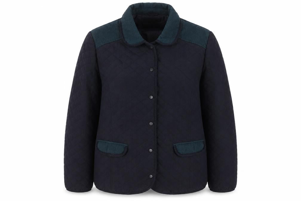 Front view of EWM Women's Black Quilted Jacket, size 2, Classic Style