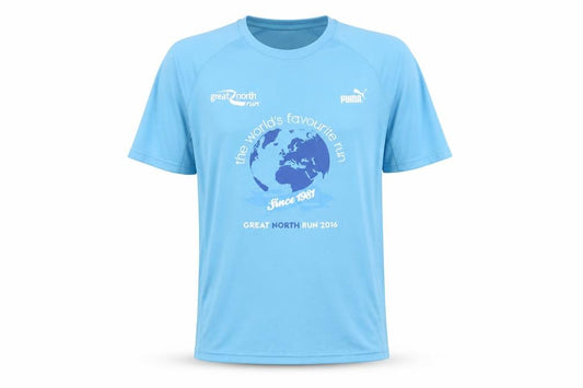 Front view of Puma unisex blue running t-shirt m lightweight logo