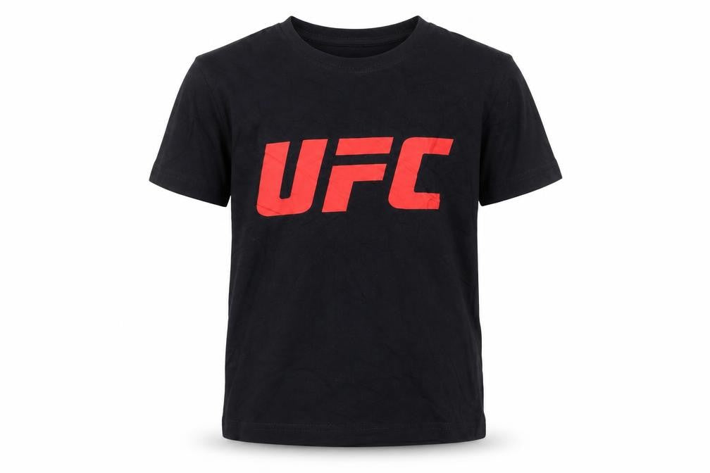 Front view of UFC boys’ black cotton logo t-shirt, size 8-10
