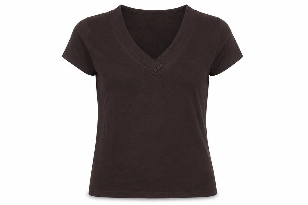 Front view of EWM Women's Black V-Neck T-Shirt, size M