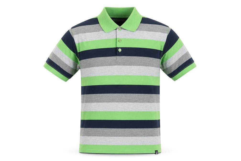Front view of Silver Stone Men's Green Striped Polo Shirt, size S
