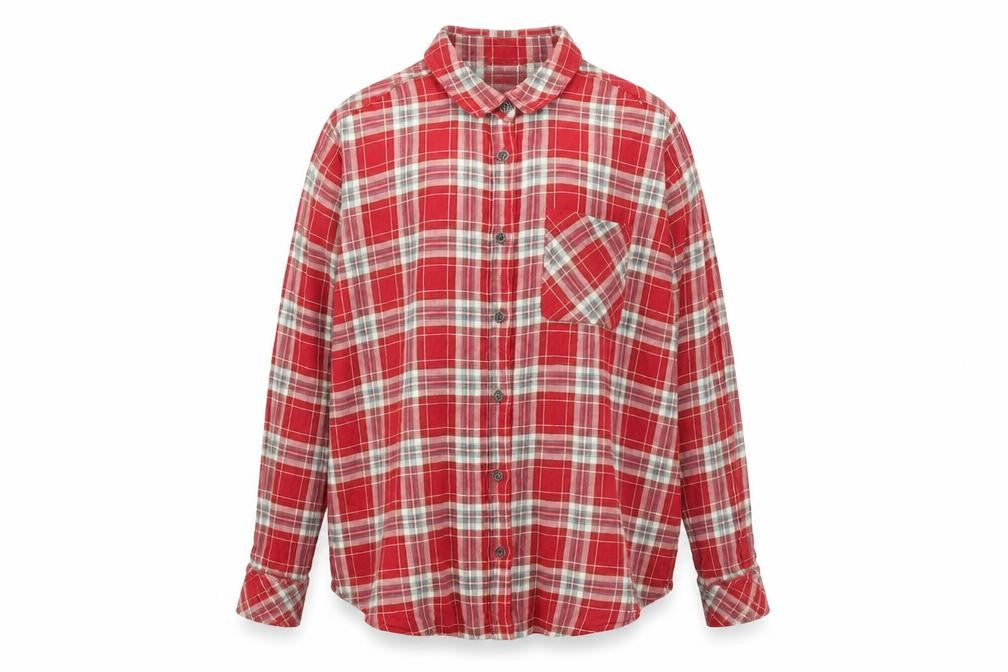 Front view of Women's Red Plaid Cotton Button-Up Shirt, size M