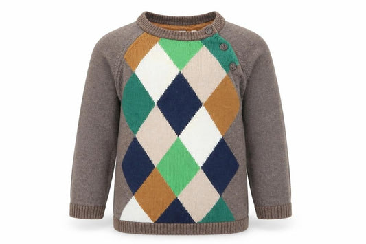 Front view of Label of Graded Goods unisex brown argyle pullover 12-18m