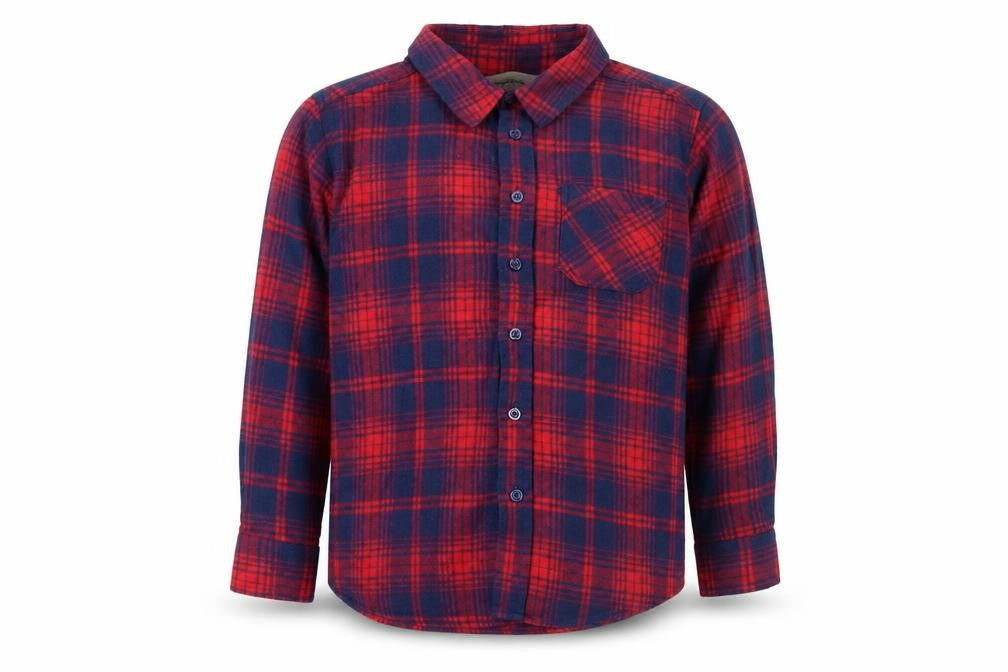 Front view of Kangaroo Poo boys’ red plaid button-up shirt, size 7-8, years