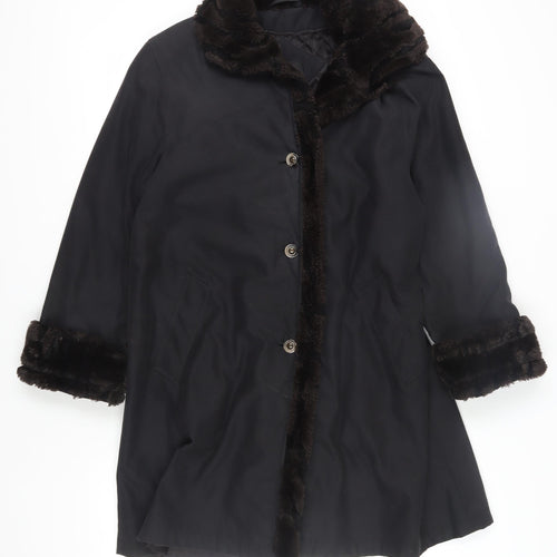 BHS Women's Black Overcoat with Fur Trim, Size 12