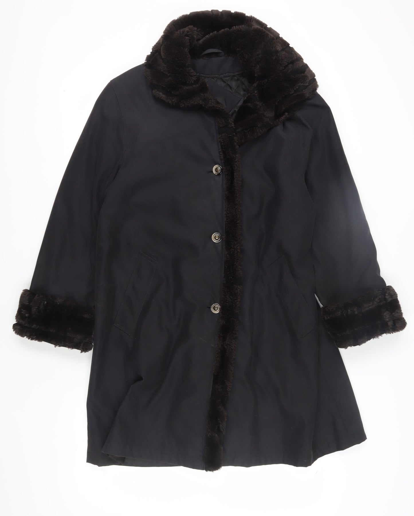 BHS Women's Black Overcoat with Fur Trim, Size 12