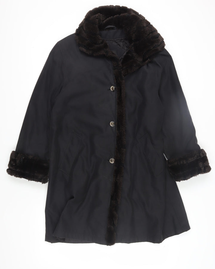 BHS Women's Black Overcoat with Fur Trim, Size 12