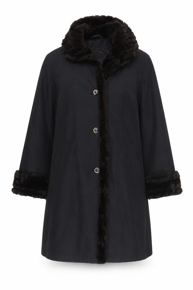 Front view of BHS Women's Black Overcoat with Fur Trim, size 12
