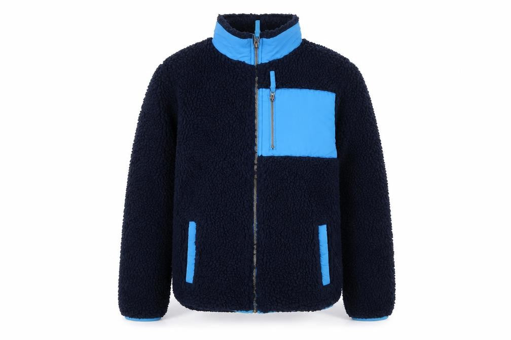 Front view of John Lewis boys’ blue fleece jacket, 12 years, colourblock design