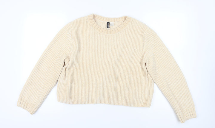 H&M Women's Beige Pullover Jumper L - Cozy Crew Neck