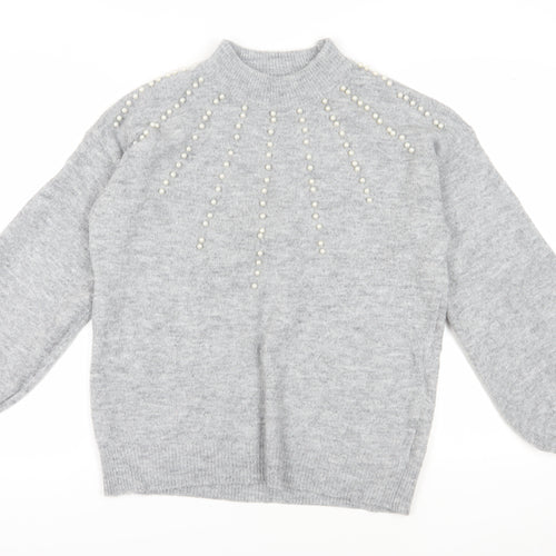 Quiz Women's Grey Beaded Mock Neck Pullover Jumper M