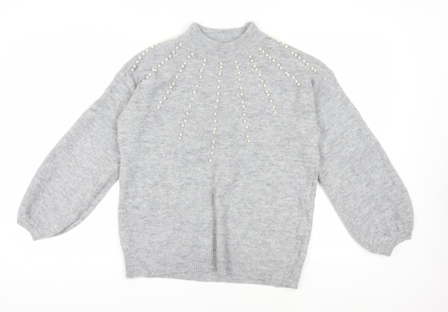 Quiz Women's Grey Beaded Mock Neck Pullover Jumper M