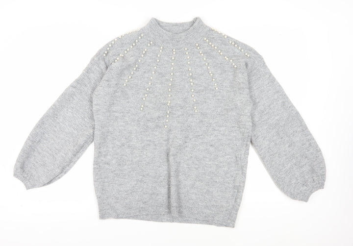 Quiz Women's Grey Beaded Mock Neck Pullover Jumper M