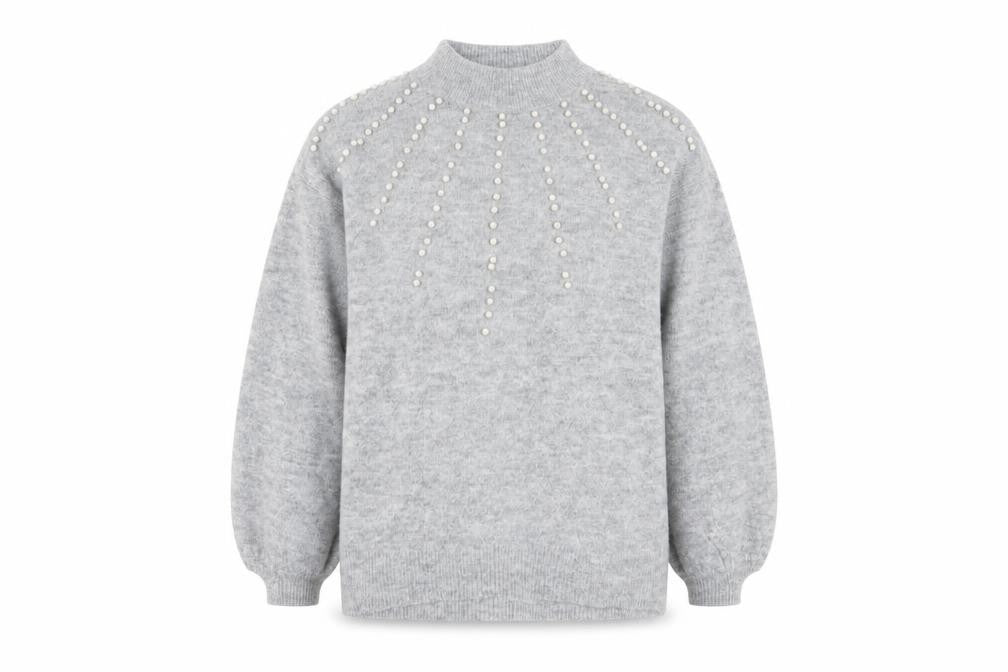 Front view of Quiz Women's Grey Beaded Mock Neck jumper M