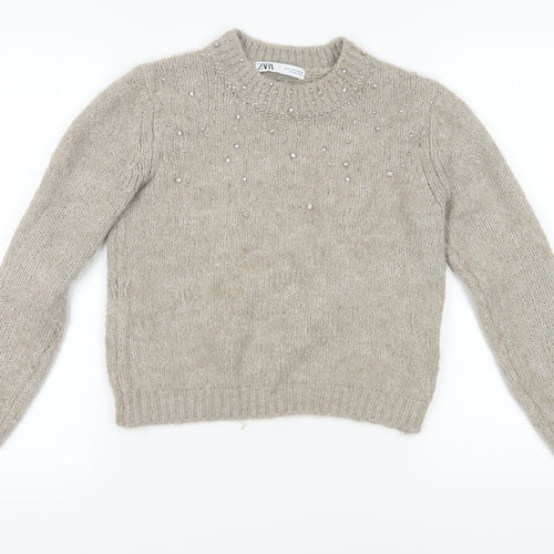 Zara Women's Beige Beaded Pullover Jumper Size S