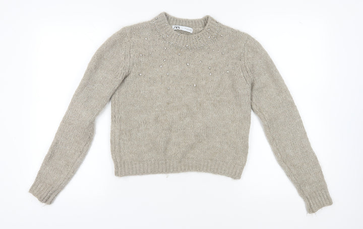 Zara Women's Beige Beaded Pullover Jumper Size S