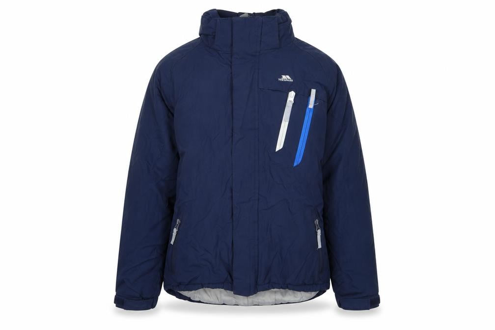 Front view of Trespass boys’ blue waterproof puffer jacket 11-12 years