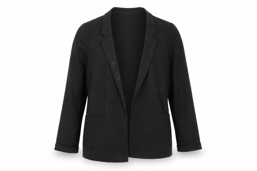 Front view of H&M Women's Black Blazer, size 10, Lined Regular Fit