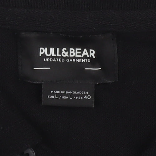 Pull&Bear Men's Black Polo, L, Cotton, Short Sleeve