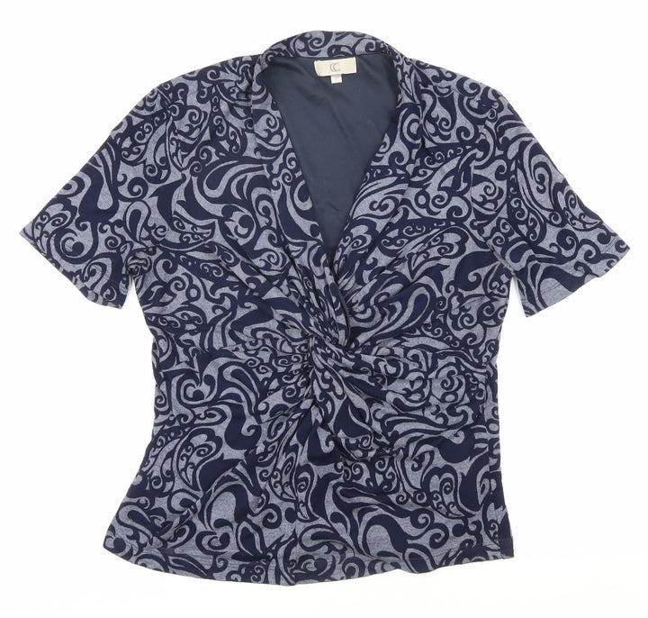 CC Women's Blue Geometric Wrap Blouse Short Sleeve