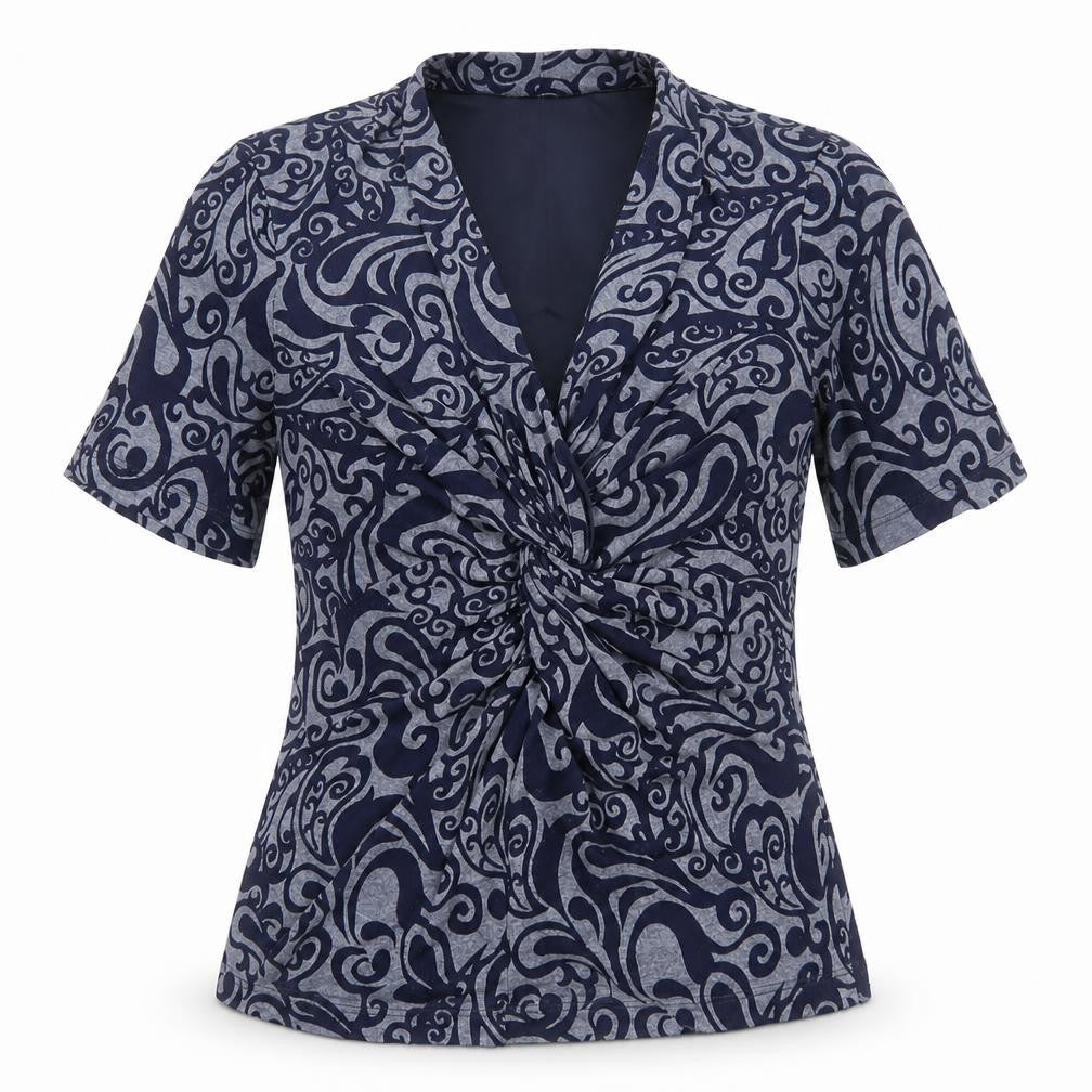 Front view of Country Casuals Women's Blue Geometric Wrap Blouse Short Sleeve