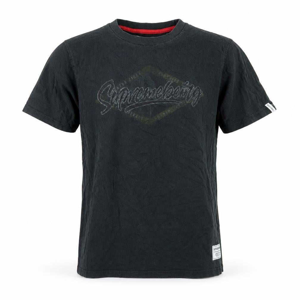 Front view of Supremebeing men’s black crew neck t-shirt m logo