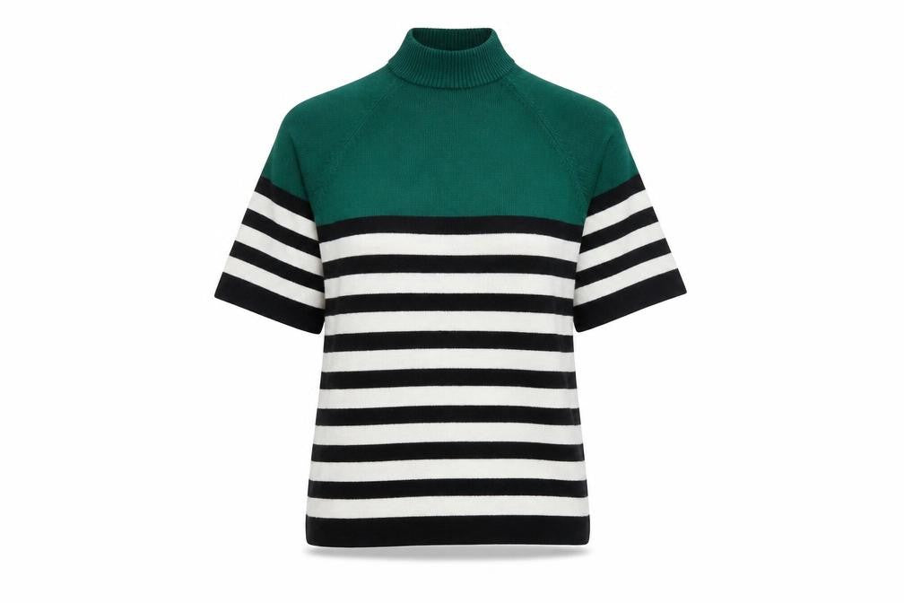 Front view of Pop England Women's Mock Neck Striped Jumper - M