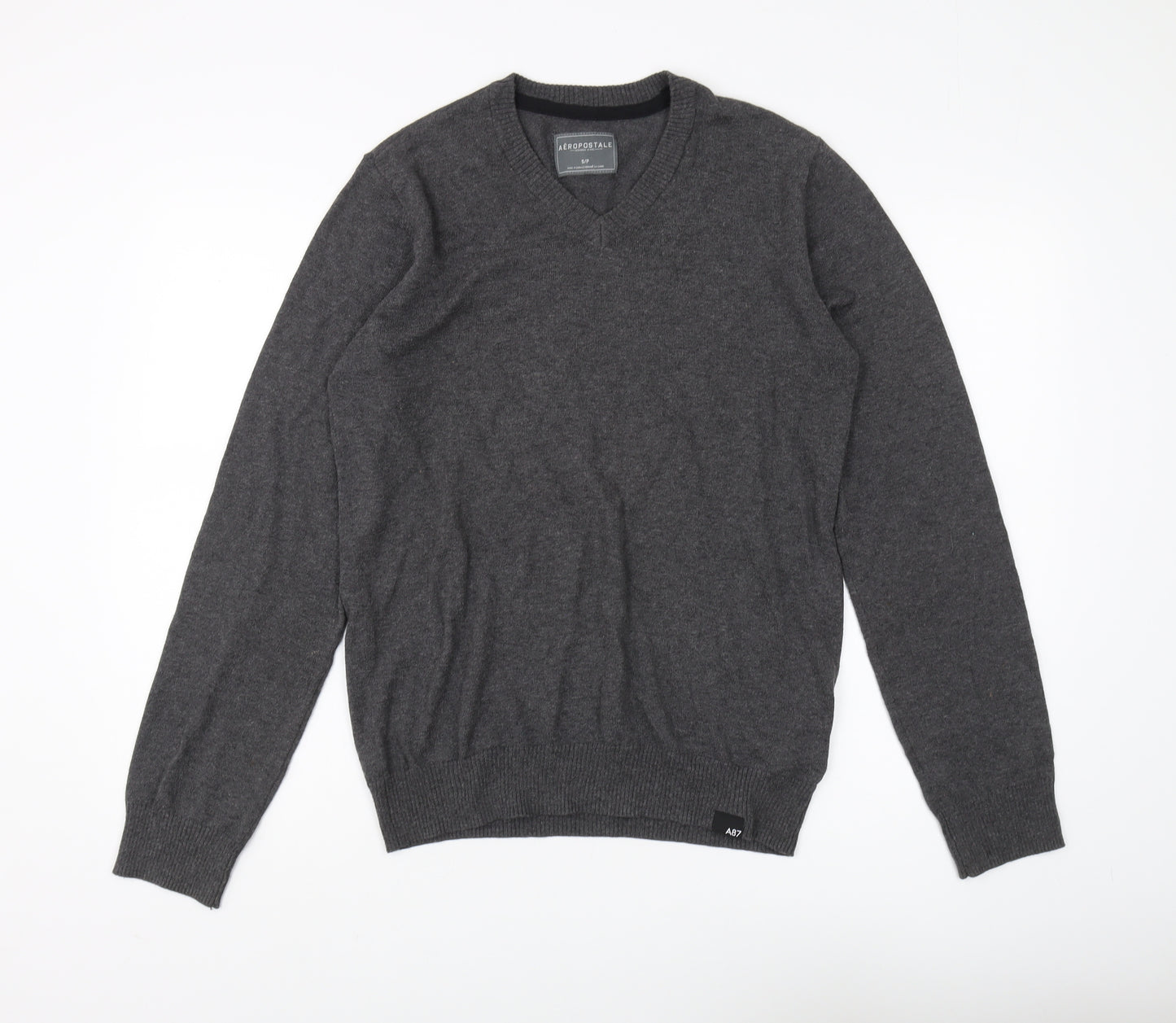 Aeropostale Men's Grey V-Neck Pullover Jumper S