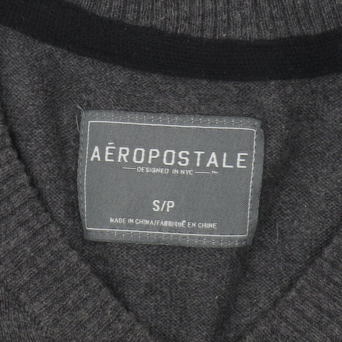 Aeropostale Men's Grey V-Neck Pullover Jumper S