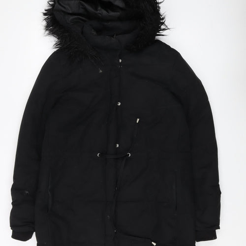 H&M Women's Black Parka with Fur Trim Size 12