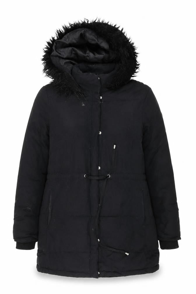 Front view of H&M Women's Black Parka with Fur Trim, size 12