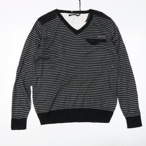 Crafted Men's Black 2XL V-Neck Striped Jumper