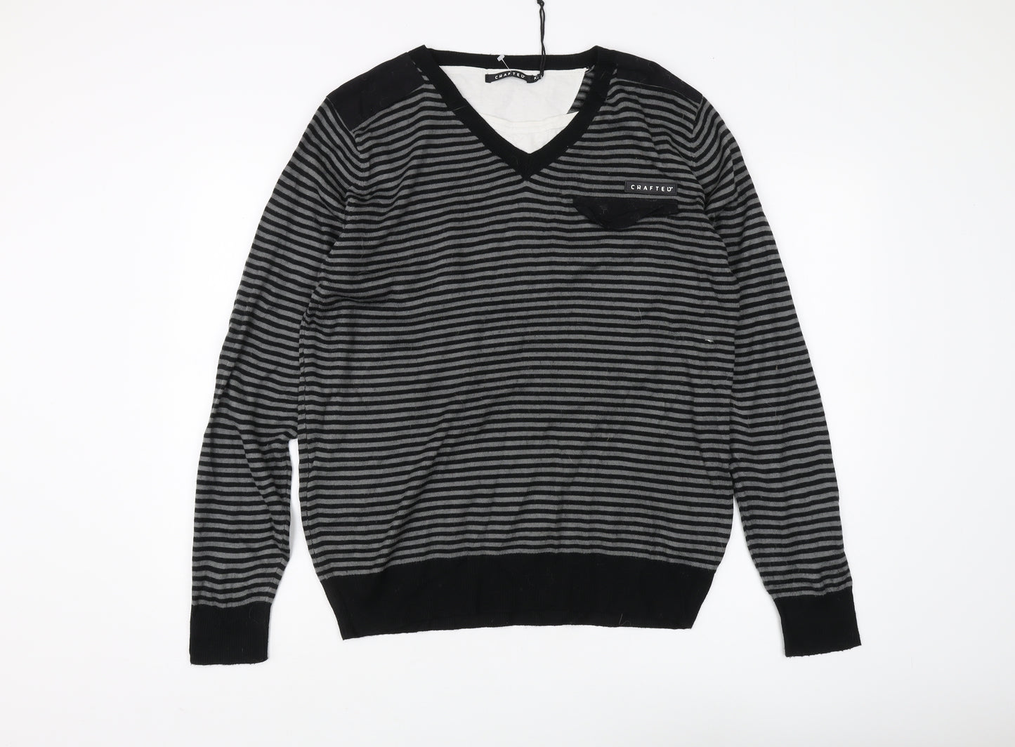 Crafted Men's Black 2XL V-Neck Striped Jumper