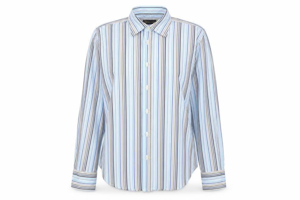 Front view of Nicholas Deakins Blue Striped Button-Up Medium