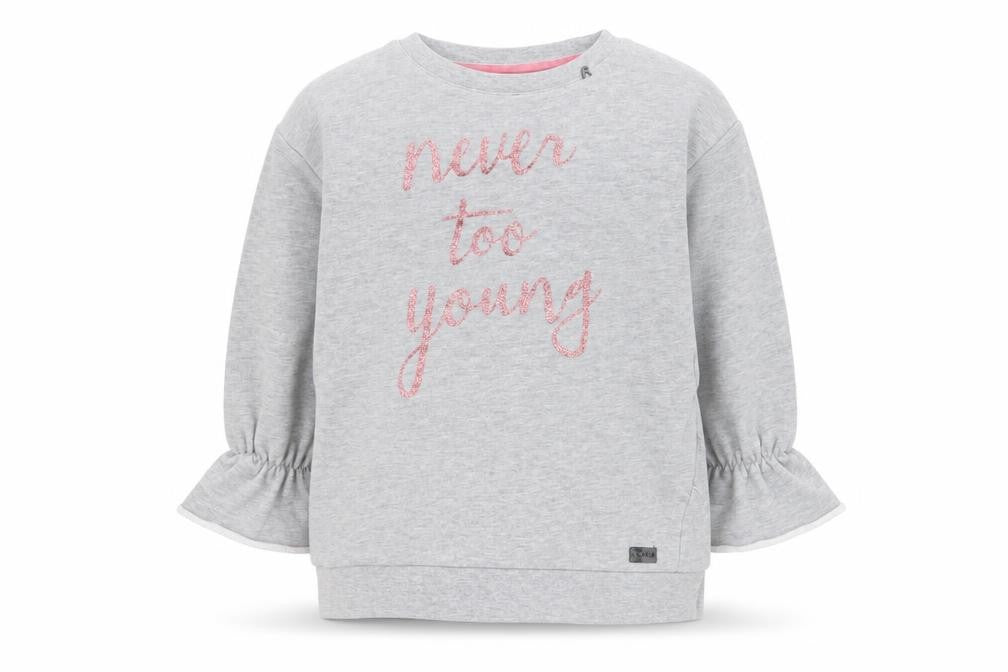 Front view of Replay girls’ grey pullover sweatshirt, size 8y, graphic print