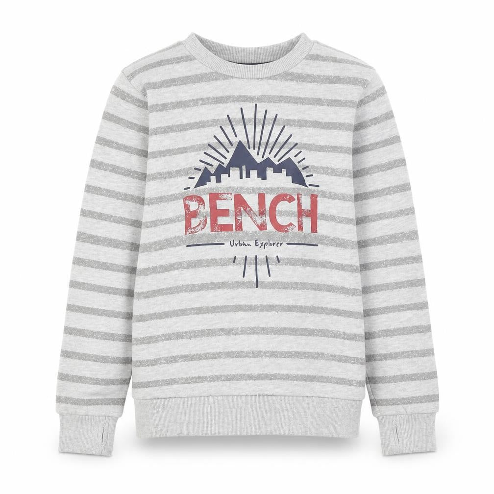 Front view of Bench boys’ grey striped pullover sweatshirt 9-10 years