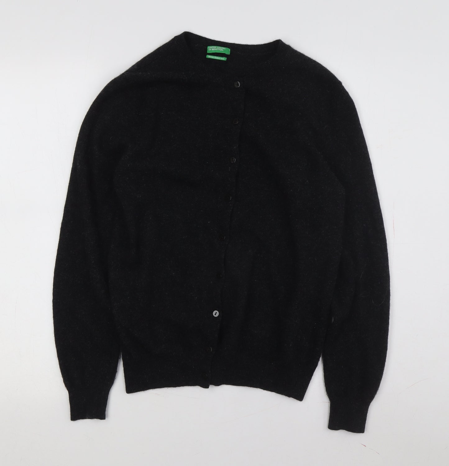 Benetton Women's Black Merino Cardigan, Size S, Crew Neck