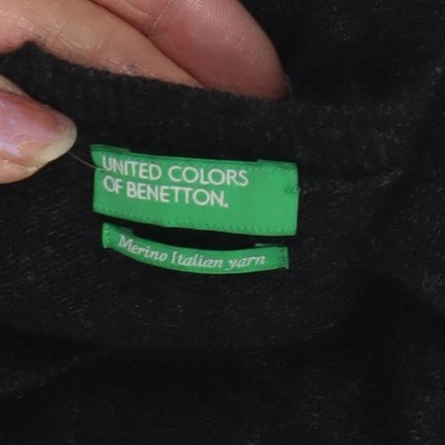 Benetton Women's Black Merino Cardigan, Size S, Crew Neck
