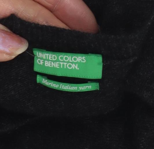 Benetton Women's Black Merino Cardigan, Size S, Crew Neck