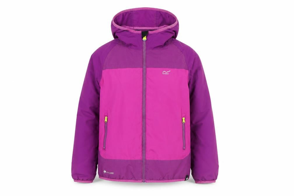 Front view of Regatta girls’ purple puffer jacket 12 years waterproof
