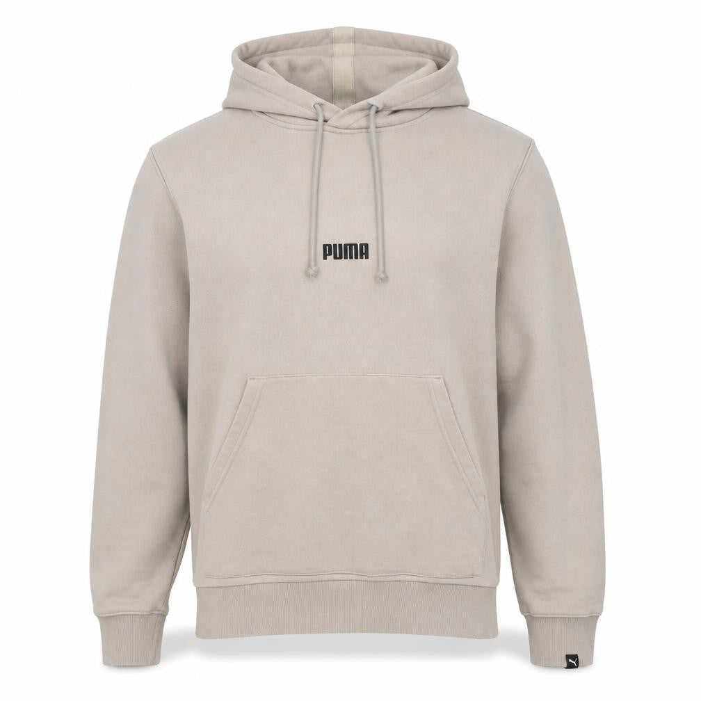 Front view of Puma Men's Beige Pullover Hoodie - S, Logo Accent