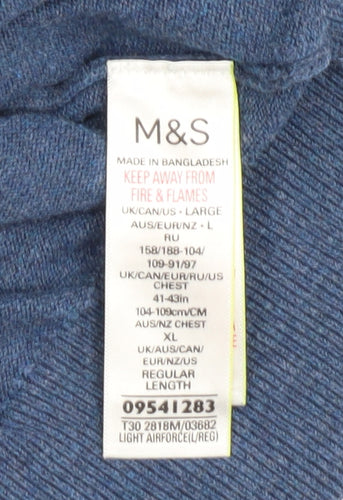Marks and Spencer Men's Blue V-Neck Pullover Cotton Jumper L