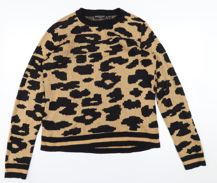 Brave Soul Women Beige Animal Print Crew Neck Jumper M