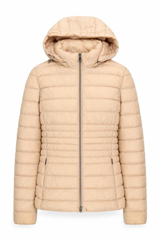 Front view of Geox Women's Beige Puffer Jacket, size 12, Hooded Zip