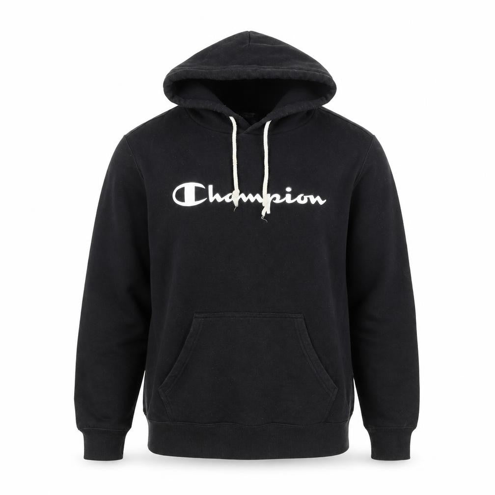 Front view of Champion unisex black pullover hoodie medium logo detail