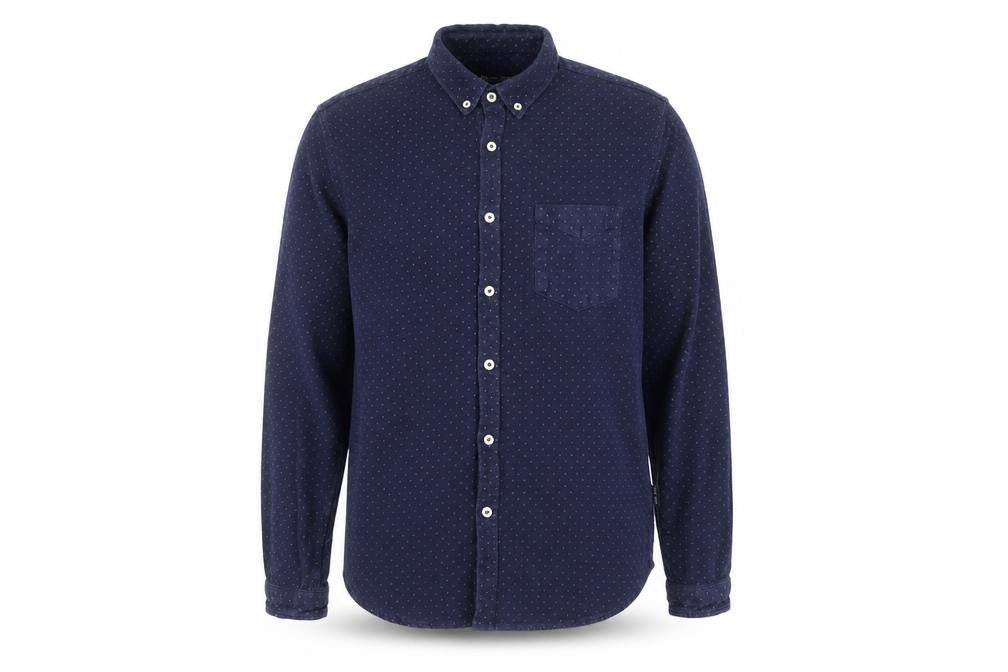 Front view of Shore Leave Men's Blue Long Sleeve Button-Up Shirt