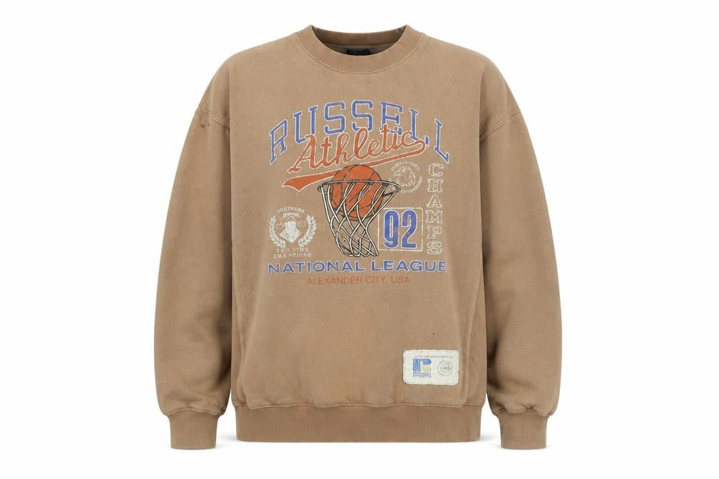 Front view of Russell Athletic unisex brown xs graphic sweatshirt