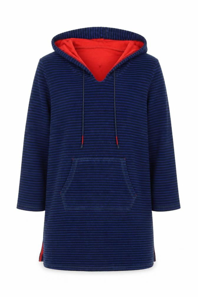 Front view of White Stuff boys’ blue striped pullover hoodie, l, hooded, logo