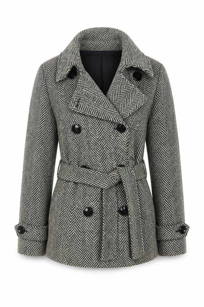 Front view of Edina Ronay Women's Black Herringbone Wool Coat, size 12