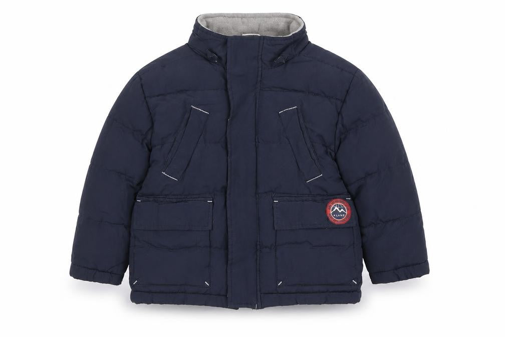 Front view of NAF NAF unisex blue puffer jacket 2-3 years hooded winter